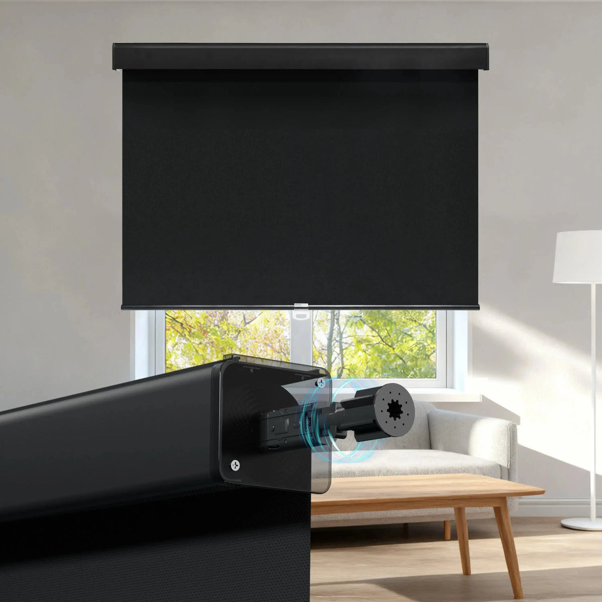 Black roller shade above sofa and coffee table with spring mechanism close-up inset