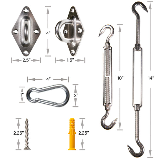 1500 LB Capacity Super Ring Sun Shade Sail Installation Complete Hardware Kit - 10 Inches, 316 Stainless Steel