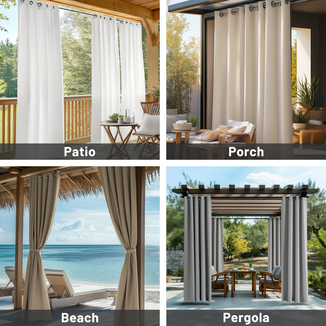 outdoor curtains in different settings including patio, porch, beach, and pergola.