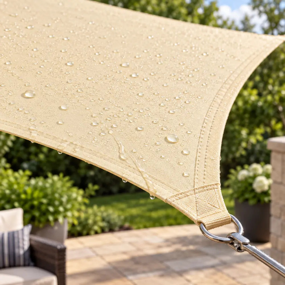 A close-up of a beige tensile canopy fabric with water droplets on its surface, attached to a metal swivel ring on an outdoor patio with green garden foliage in the background.