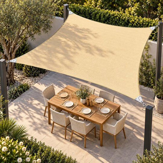 A large beige triangular tension fabric patio shade sail stretched over a pergola in a landscaped outdoor dining area with a wooden table, six woven chairs, and surrounding greenery.