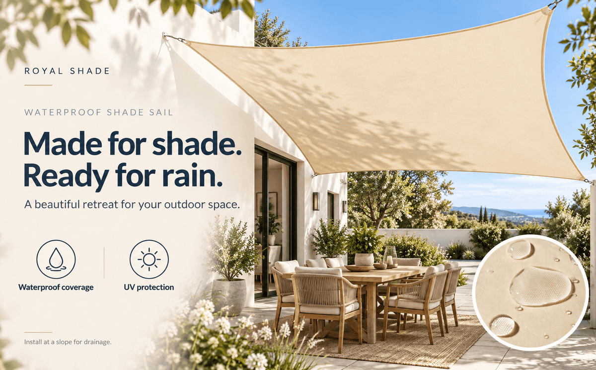 A beige triangular waterproof shade sail installed over a patio dining area, with a white building, outdoor furniture, plants, and a blue sky visible. copy about waterproof coverage and UV protection.