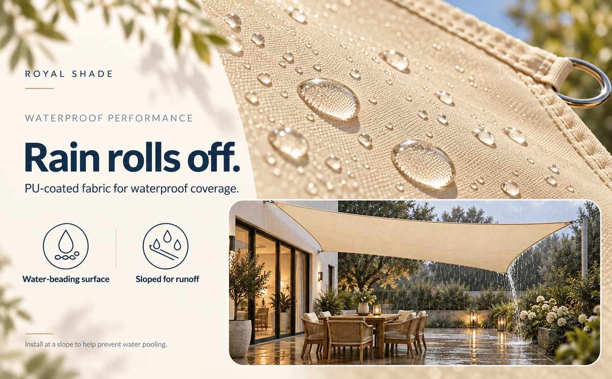Royal Shade outdoor canopy fabric close-up with water droplets and a lifestyle inset showing the canopy installed over a patio in the rain.