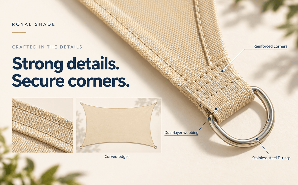 Beige canvas canopy strap with a silver stainless steel D-ring, featuring detailed callouts and text highlighting reinforced corners, curved edges, dual-layer webbing, and stainless steel D-rings.