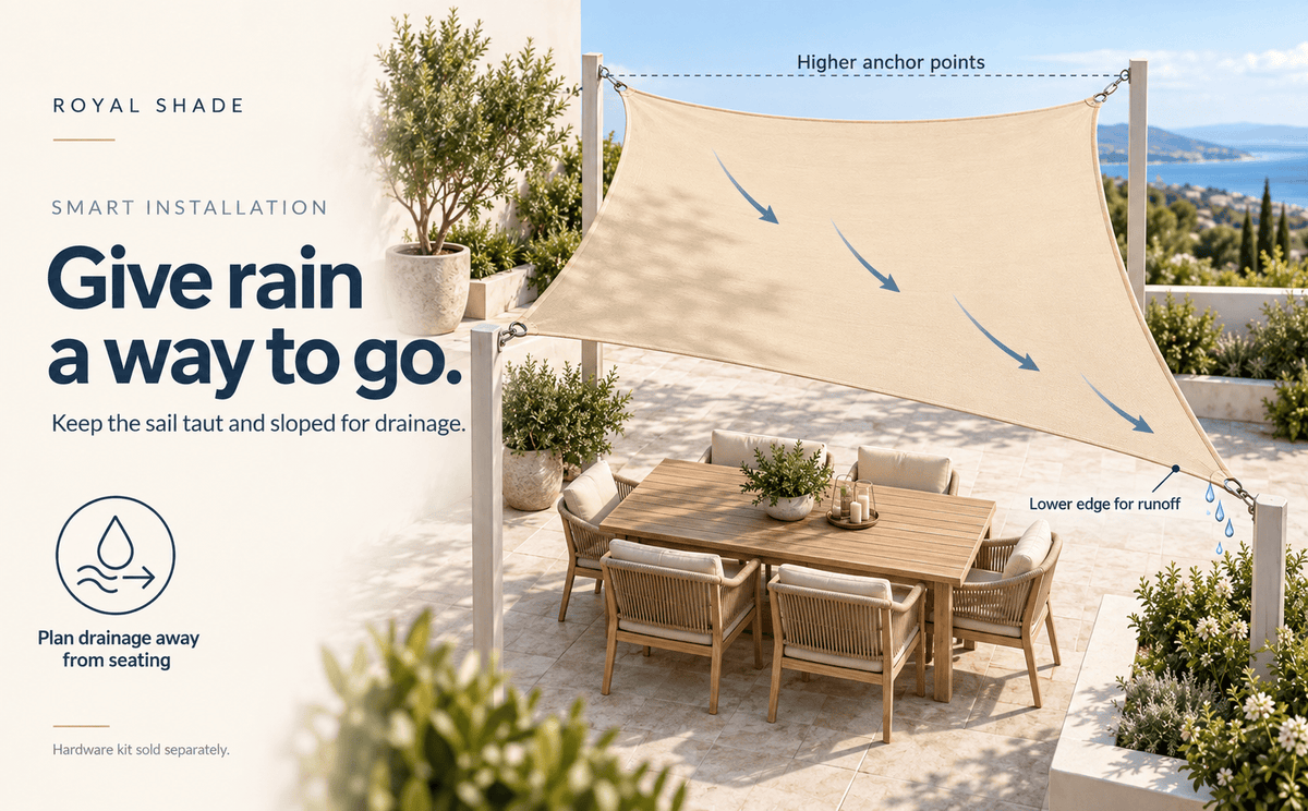 A beige canopy shade sail installed on a patio, shown with overlaid installation callouts and text. The scene includes a dining table and chairs, potted plants, ocean view, and branding for Royal Shade.