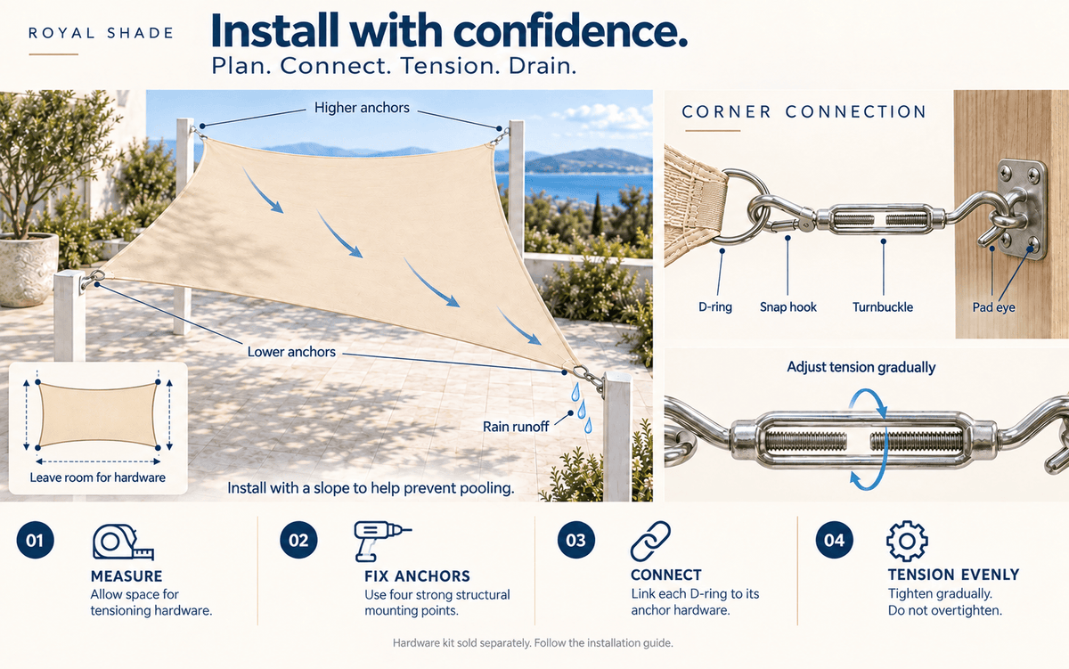 Royal Shade installation guide infographic showing a beige canopy mounted between posts with blue arrows indicating higher and lower anchor points, rain runoff prevention, corner connection hardware, and four numbered steps for measuring, fixing anchors, connecting, and tensioning.