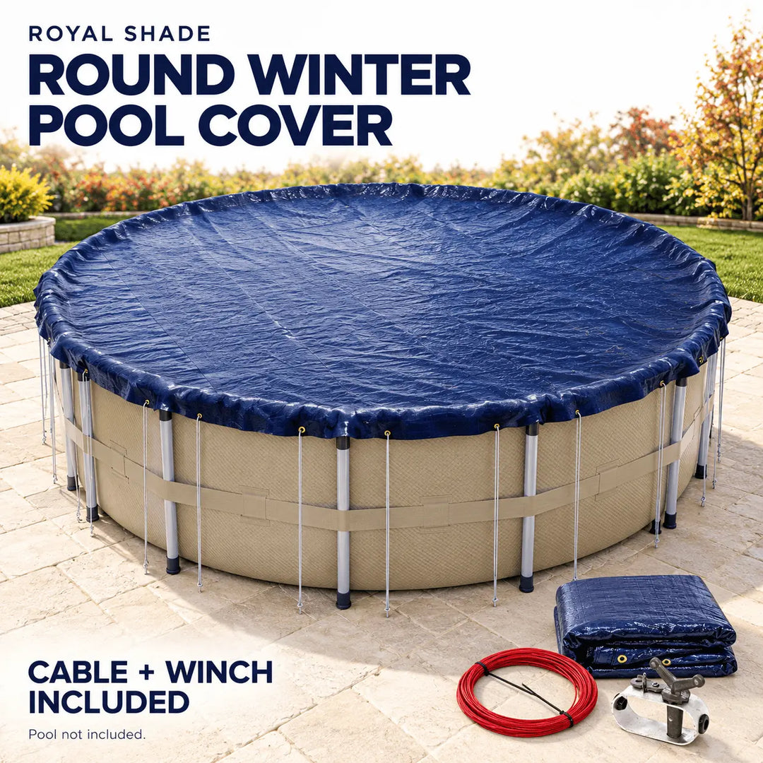 Royal Shade round winter pool cover shown draped over an above-ground pool on a patio, with included accessories including a folded cover, red cable, and winch visible in the foreground. Text reads 'ROYAL SHADE ROUND WINTER POOL COVER' and 'CABLE + WINCH INCLUDED'.