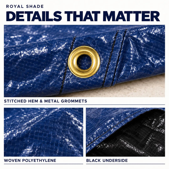 A product detail graphic for a blue tarp labeled 'ROYAL SHADE DETAILS THAT MATTER,' showing a close-up of a brass grommet, stitched hem, woven polyethylene texture, and a black underside.