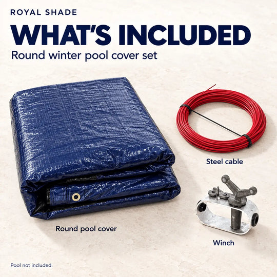 Royal Shade what's included graphic for a round winter pool cover set, showing a folded navy blue pool cover, a coil of red steel cable, and a winch on a light beige background with text labels.