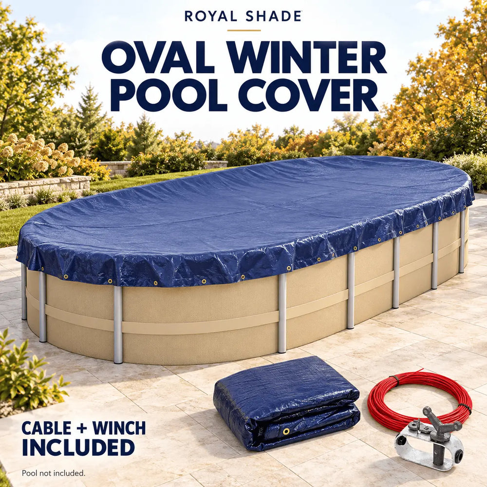 Royal Shade oval winter pool cover shown draped over an above-ground pool in a backyard setting, with a folded cover, red extension cable, and winch included on a patio. Large text reads 'OVAL WINTER POOL COVER' and 'ROYAL SHADE'; smaller text says 'CABLE + WINCH INCLUDED' and 'Pool not included.