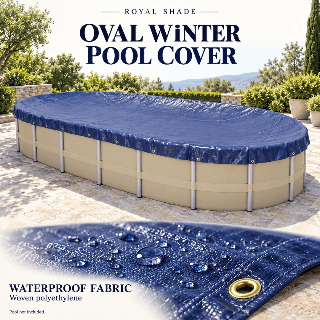 An oval above-ground pool covered with a dark blue winter pool cover, shown outdoors on a stone patio with garden plants in the background. Large text at the top reads 'ROYAL SHADE OVAL WINTER POOL COVER,' and a close-up at the bottom shows the blue waterproof fabric with water droplets and a grommet.