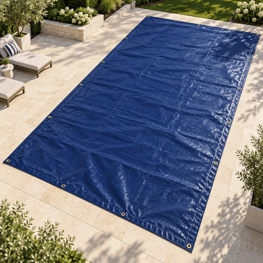 A large royal blue pool cover laid out on a light beige tiled patio, with lounge chairs and green plants visible around it.
