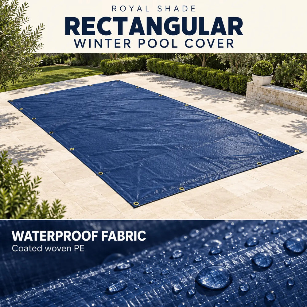 A dark blue rectangular pool cover laid out on a light stone patio in a landscaped garden. Text at the top reads 'ROYAL SHADE RECTANGULAR WINTER POOL COVER' and text at the bottom says 'WATERPROOF FABRIC Coated woven PE' with a close-up of water droplets on the fabric.