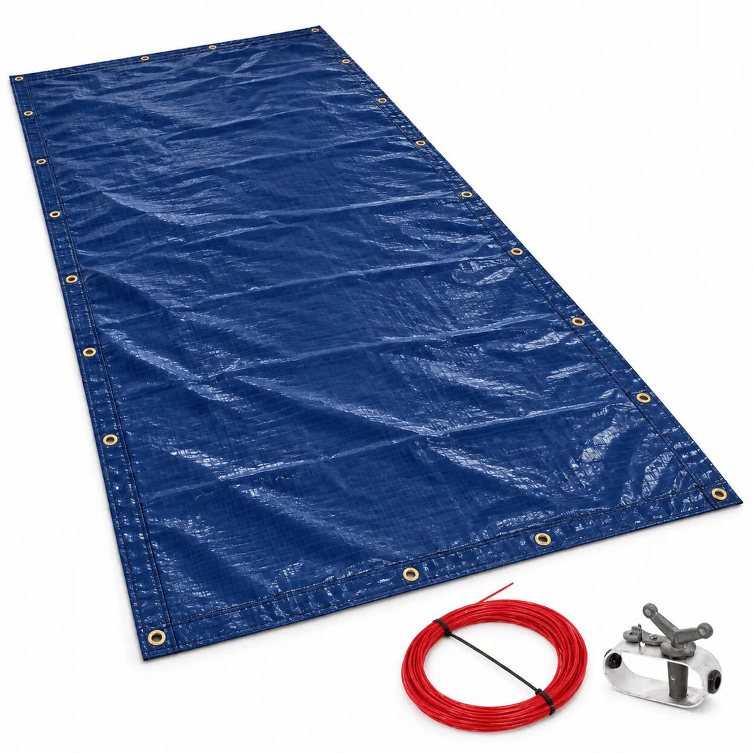 A blue heavy-duty tarp with reinforced grommets, shown with a coiled red rope and a silver metal anchor clip on a white background.