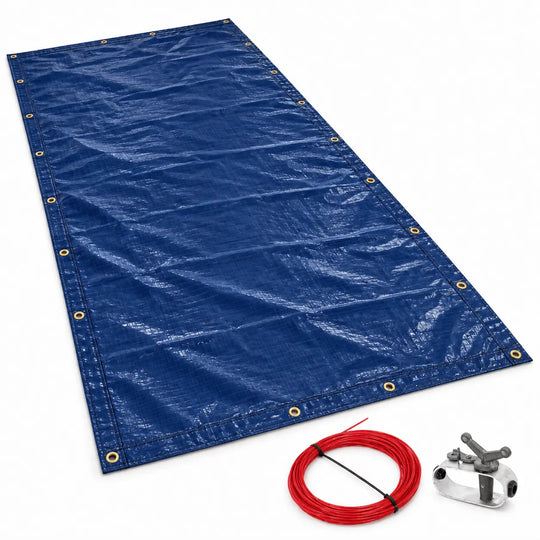 A blue heavy-duty tarp with reinforced grommets, shown with a coiled red rope and a silver metal anchor clip on a white background.