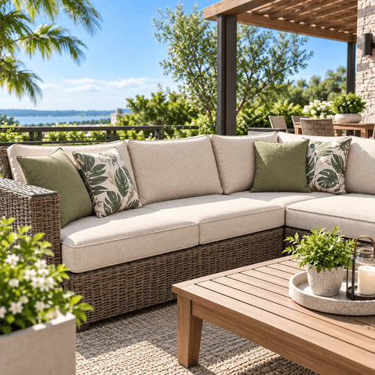 Outdoor sectional sofa beige cushions
