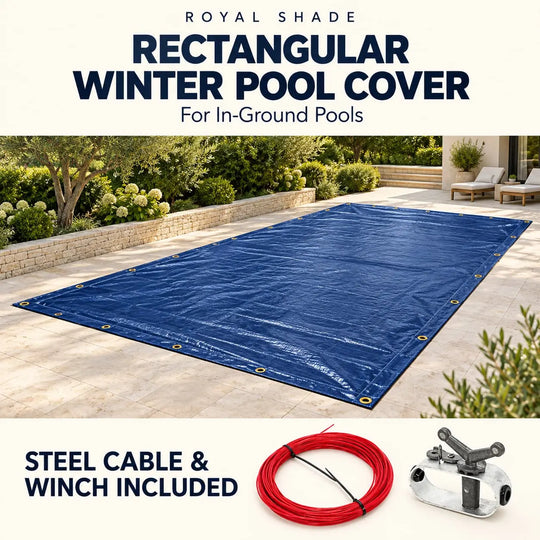 Royal Shade rectangular winter pool cover shown laid out on a patio over an in-ground pool, with text noting steel cable and winch included.