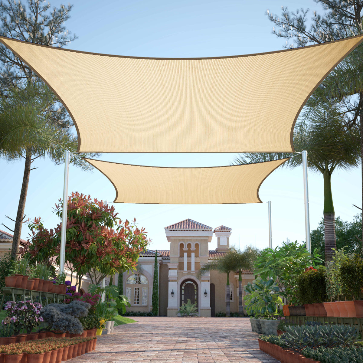 Beige Royal Shade rectangle sun shade sails stretched above a landscaped paved courtyard