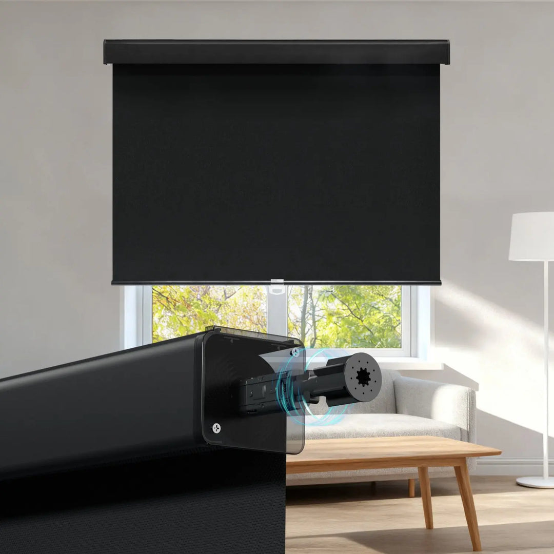 Black roller shade above sofa and coffee table with spring mechanism close-up inset