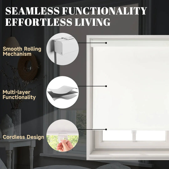 Cordless roller shade feature diagram with rolling mechanism, fabric layers, and pull handle insets
