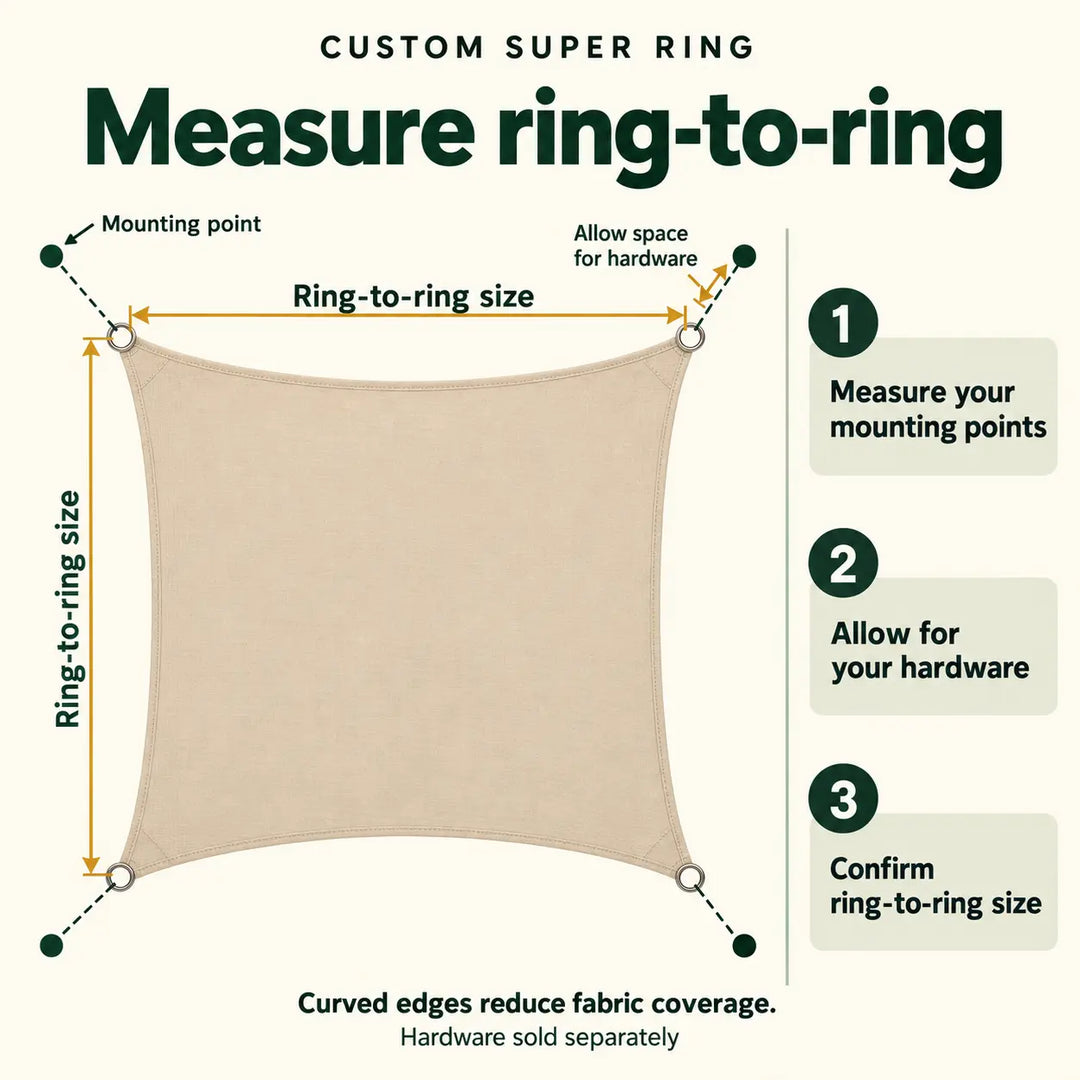 Ring-to-ring shade sail measurement diagram showing separate mounting points and space for installation hardware.