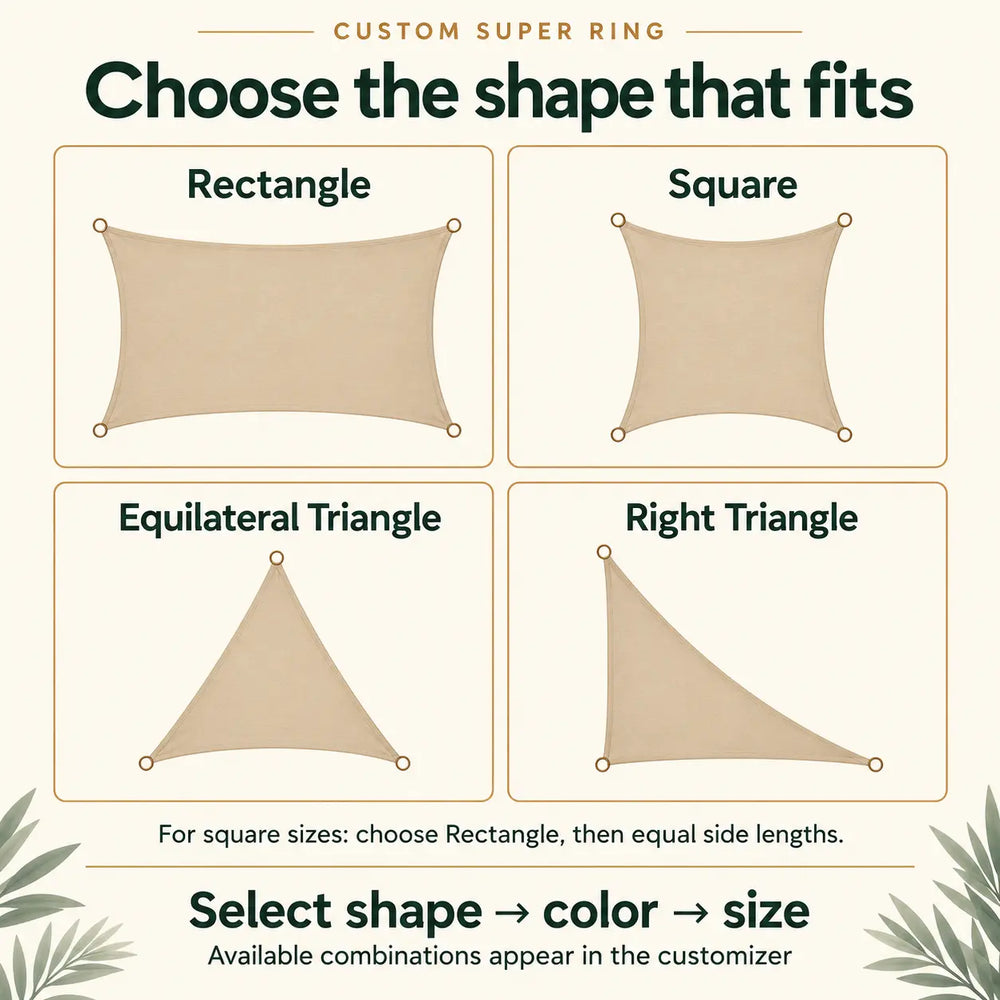 Custom Super Ring shape guide: rectangle, square, equilateral triangle and right triangle. For square sizes, choose Rectangle and equal side lengths.