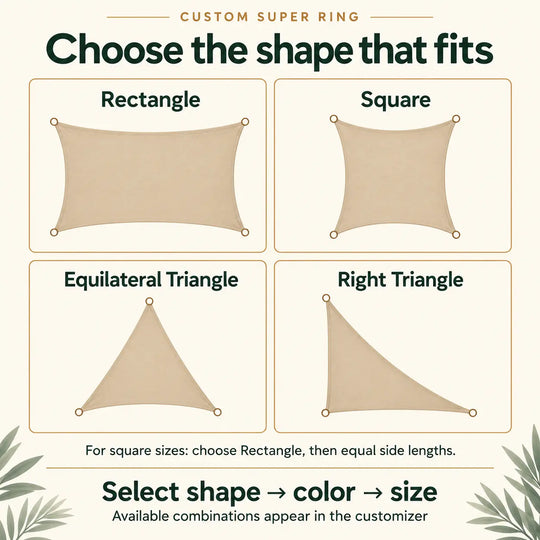 Custom Super Ring shape guide: rectangle, square, equilateral triangle and right triangle. For square sizes, choose Rectangle and equal side lengths.