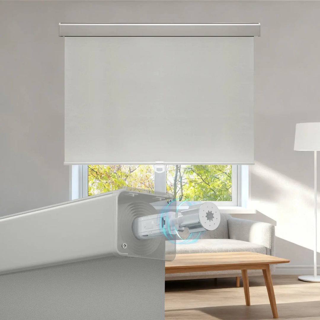 Gray roller shade above sofa and coffee table with spring mechanism illustration