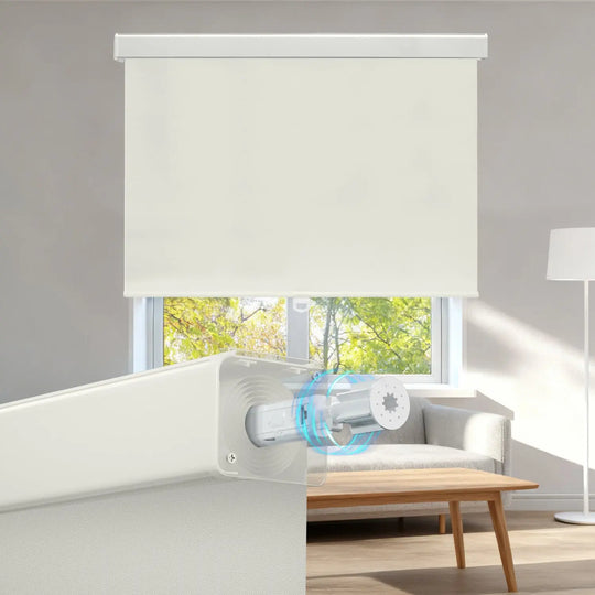 Light beige roller shade above sofa and coffee table with spring mechanism illustration