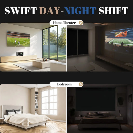 Day and night split scene showing roller shades in home theater and bedroom