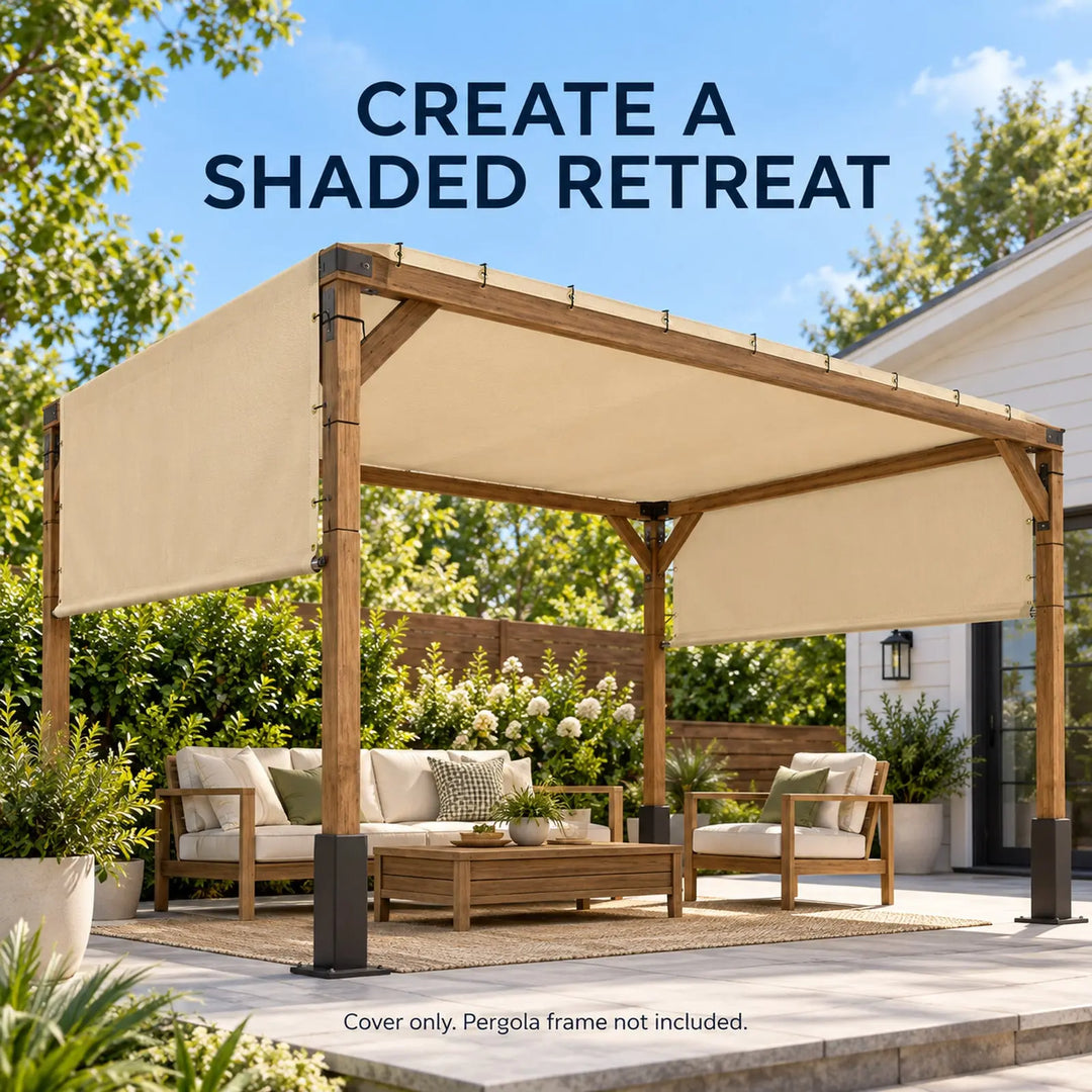 Beige Royal Shade pergola cover installed on a wooden pergola in a bright backyard with simple seating, showing two short hanging panels and open long sides.