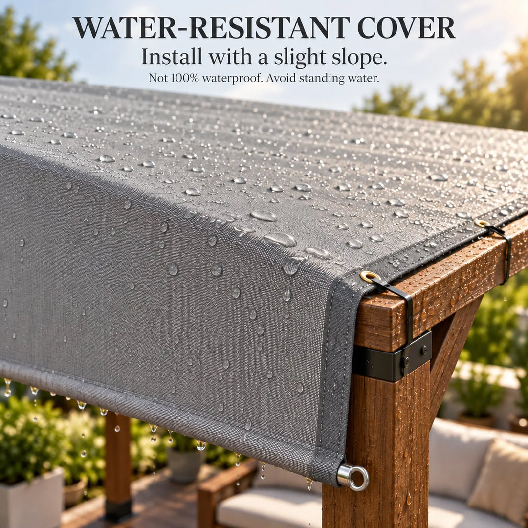 Gray Royal Shade pergola cover fabric close-up with small water beads on the surface and a slight slope visible near the wooden frame attachment.
