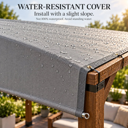 Gray Royal Shade pergola cover fabric close-up with small water beads on the surface and a slight slope visible near the wooden frame attachment.