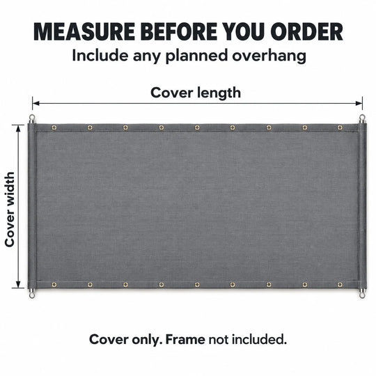 Gray rectangular cover flat-lay with measurement arrows on length and width, steel pole sleeves at short ends, gold grommets along long sides, and clear ordering instructions.