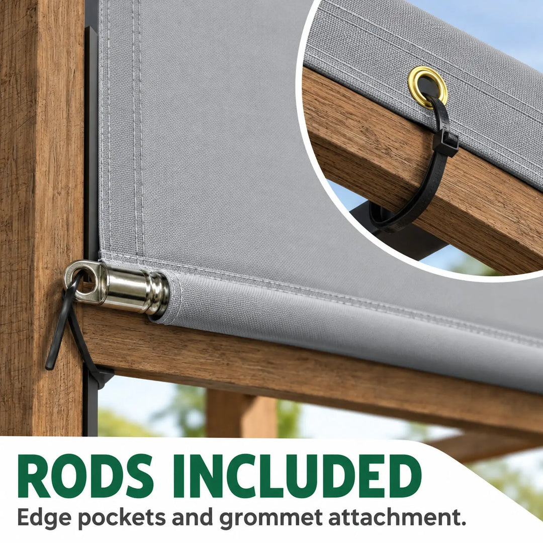 Close-up of Gray Royal Shade pergola cover detail showing rod pocket with stainless steel rod eyelet and long-edge grommet tied to a wooden beam.