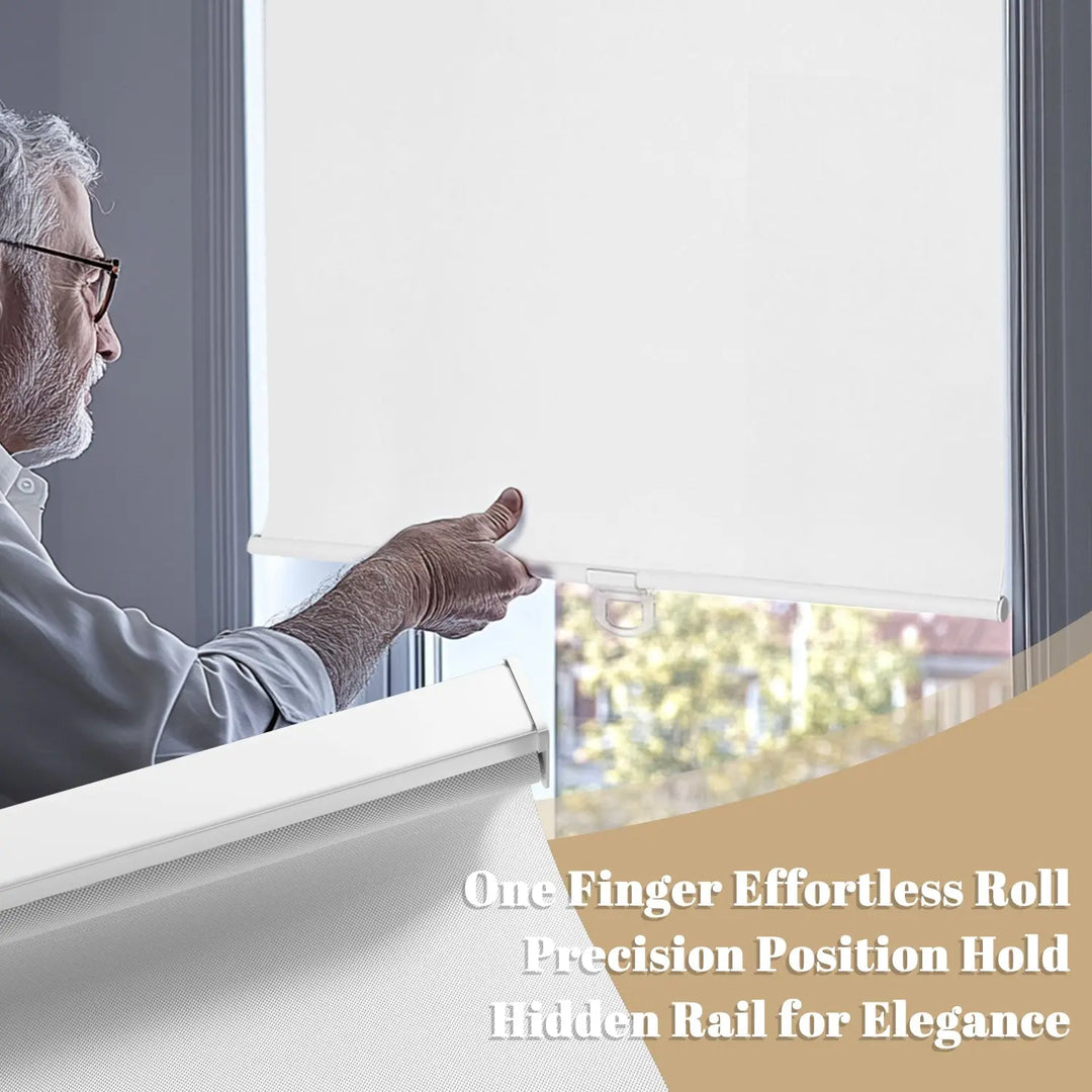 Person using hem handle on white roller shade with bottom rail close-up inset