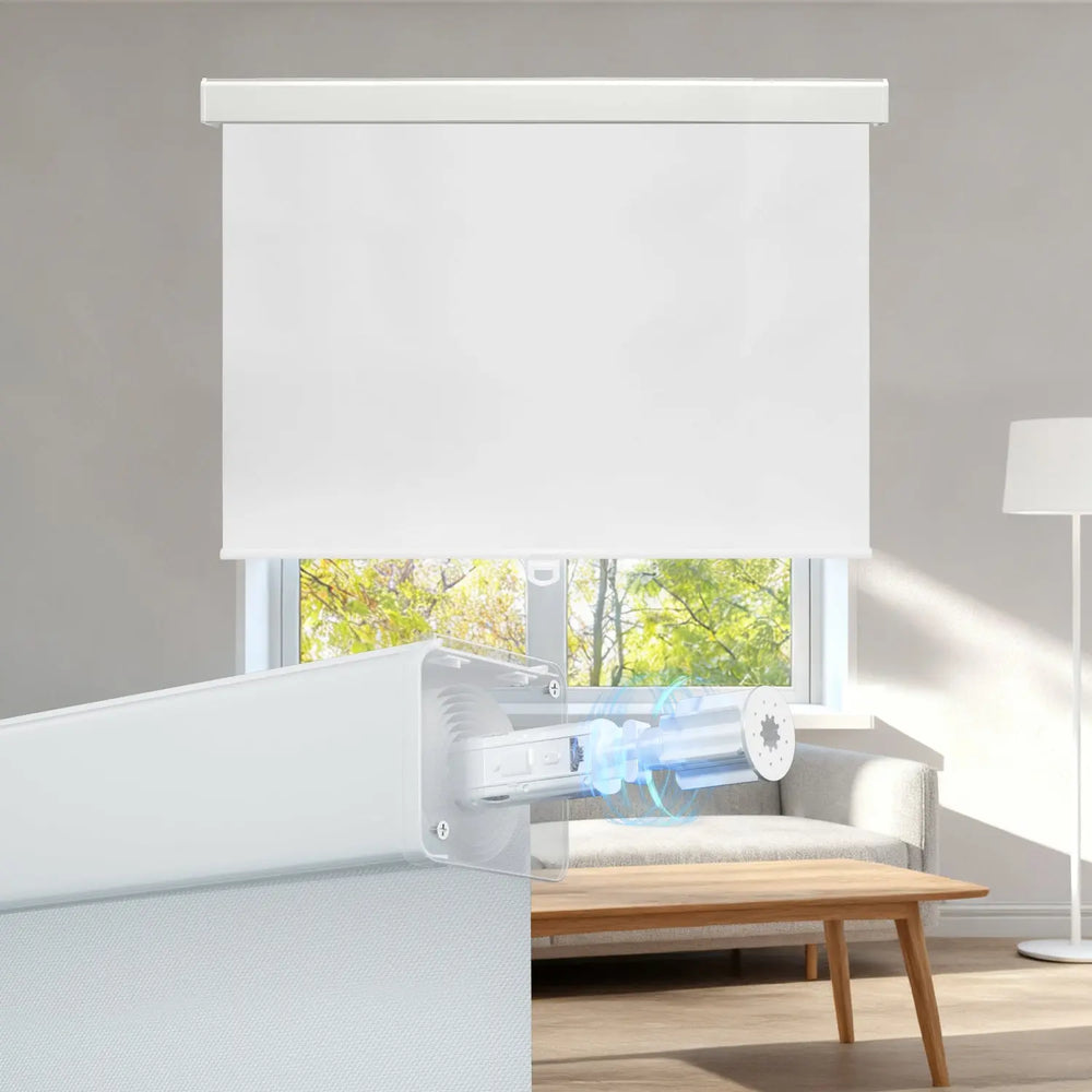 White roller shade above a sofa and coffee table with spring mechanism close-up inset