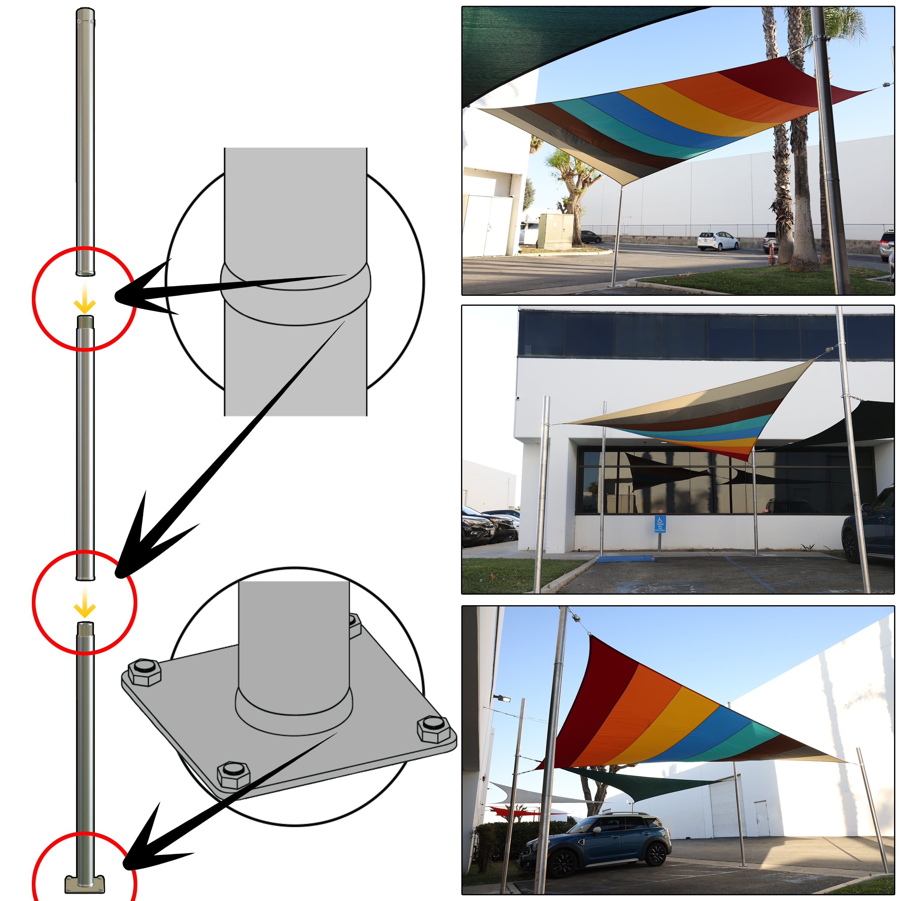 Sun Shade Sail Impact Resistant Stainless Steel Pole w/ Installation Hardware