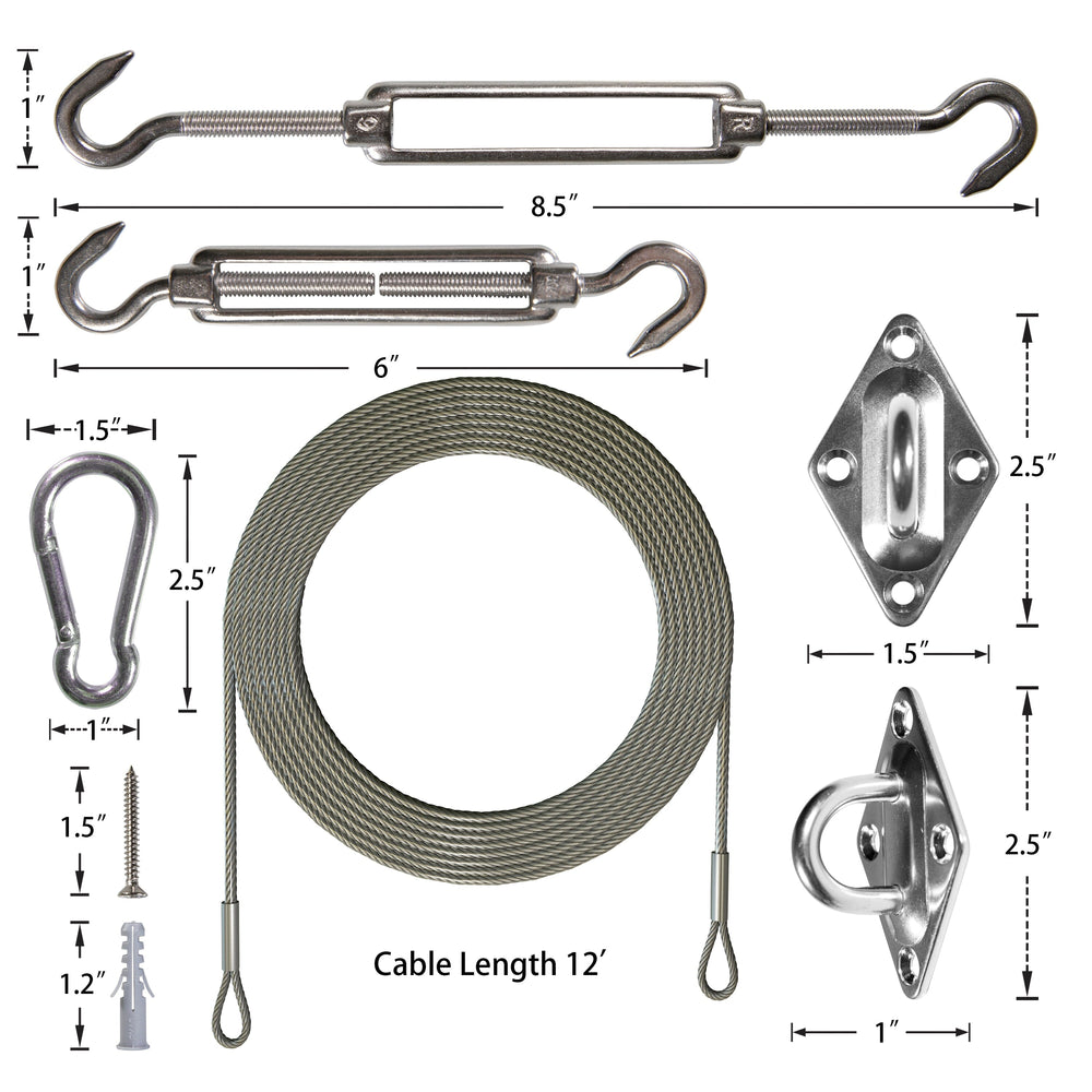 Sun Shade Sail Stainless Steel Hardware Installation Kit w/ Cable Wire Rope